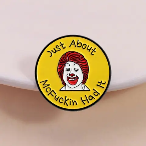Funny Retro Clown Enamel Pin, Yellow Round Meme Lapel Pin with Quote, Cute Fashion Clothes Accessory for Hats, Bags & Backpacks