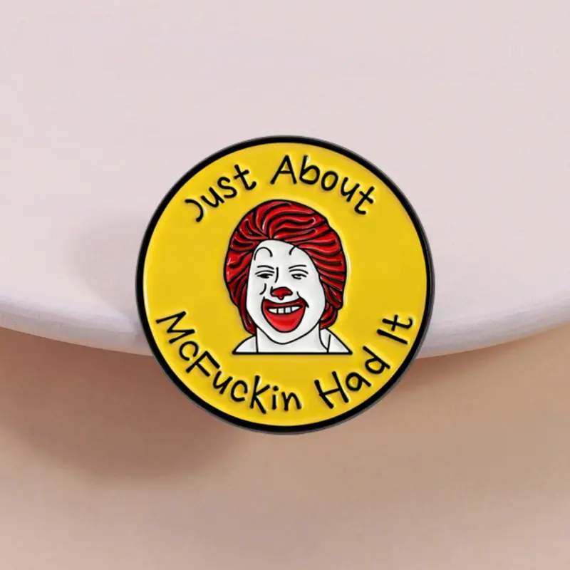 Funny Retro Clown Enamel Pin, Yellow Round Meme Lapel Pin with Quote, Cute Fashion Clothes Accessory for Hats, Bags & Backpacks