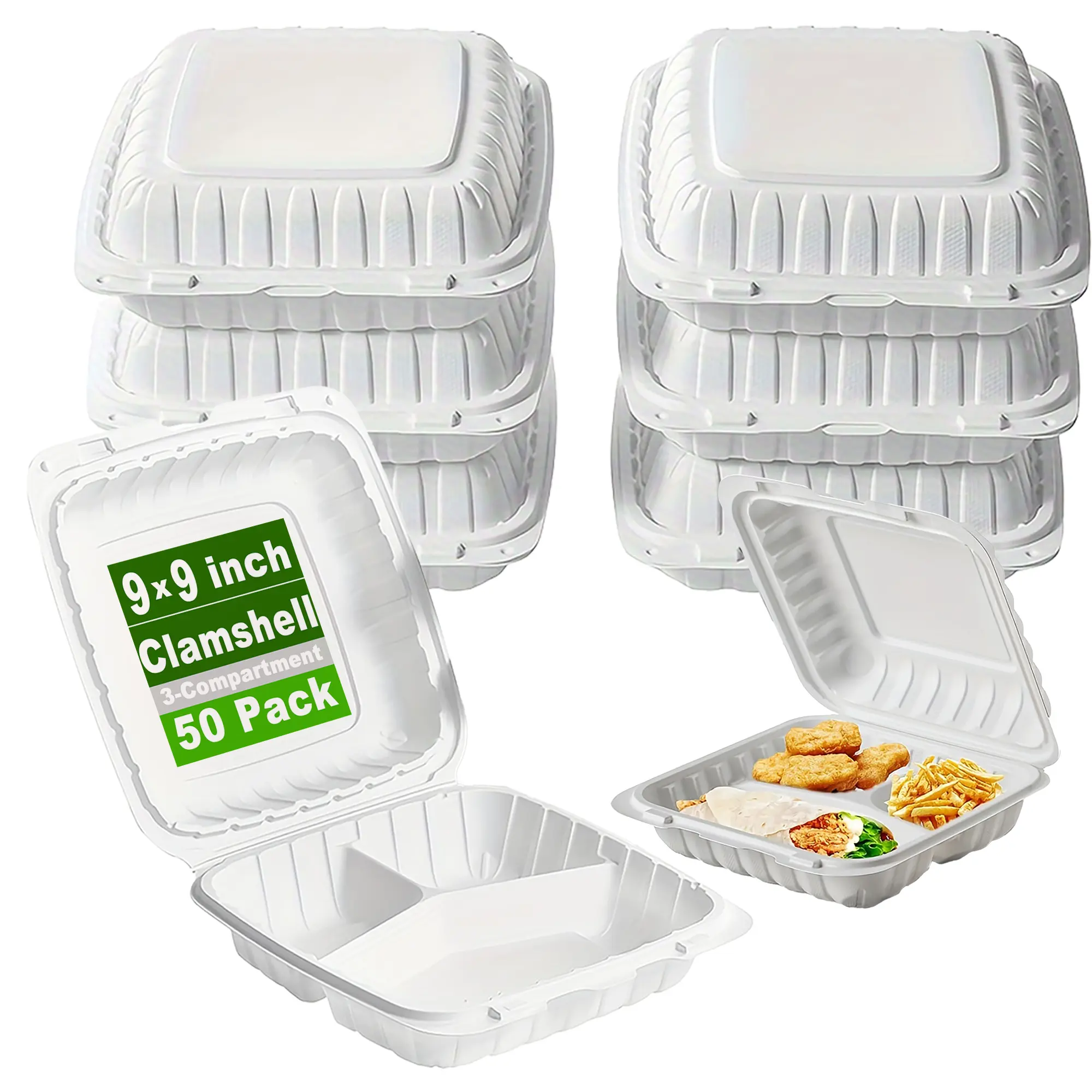 [50 Pack] 9X9&8X8&7X7inch 3-Compartment Disposable Flip Top Takeout Food Containers - Made of PP + Calcium Carbonatecake cooky