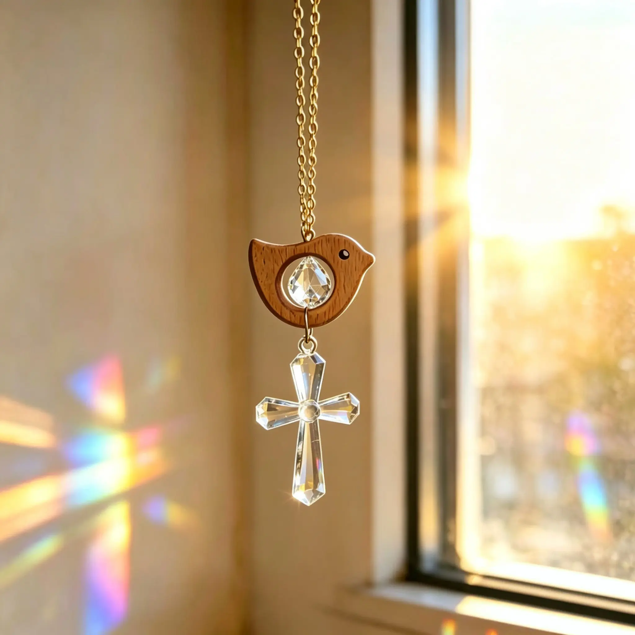 1 wooden bird dream catcher, garden and window hanging decoration, car rearview mirror pendant, rainbow crystal dream catcher, lovely car pendant, ideal gift for women.