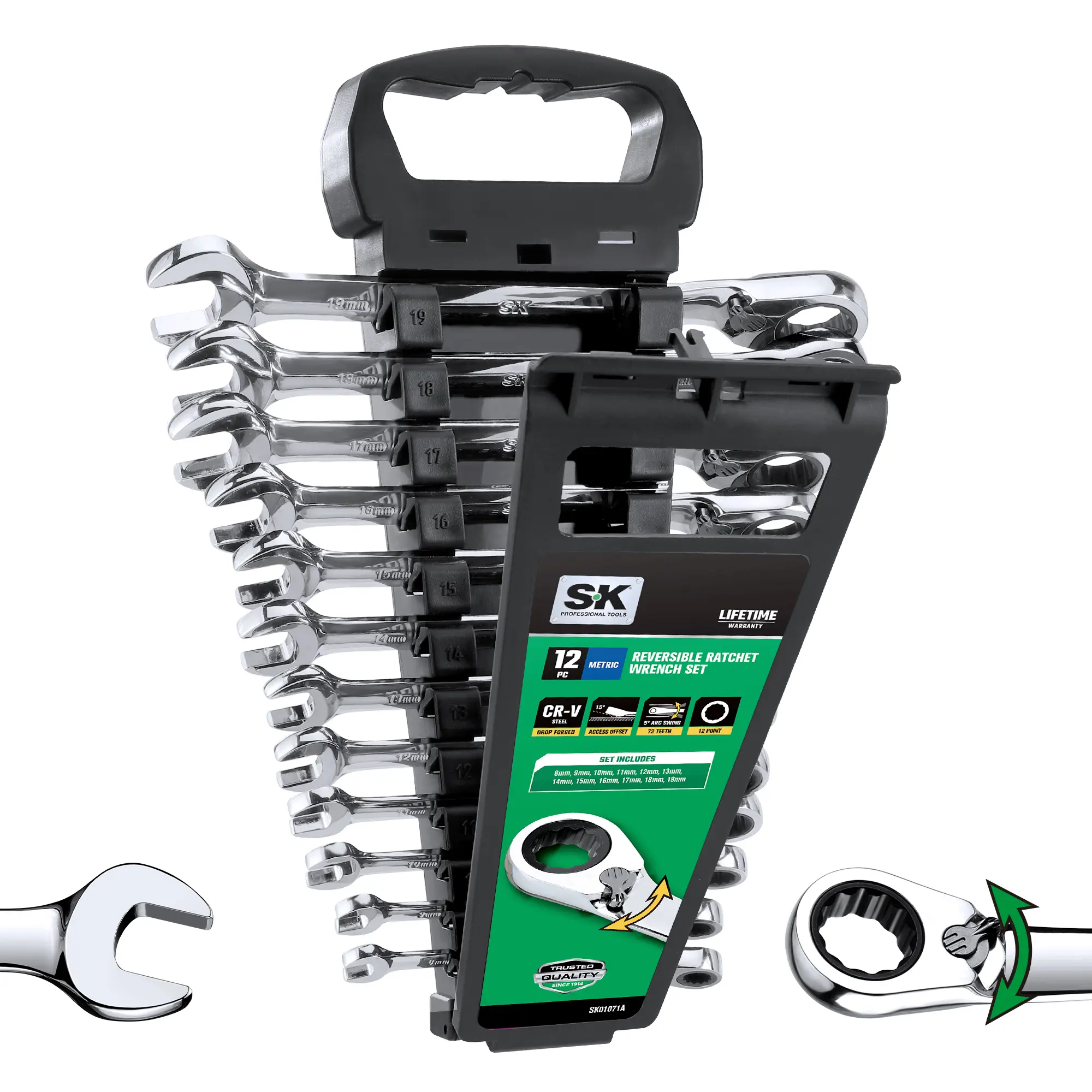 #fathersdaygift SK Reversible Ratcheting Wrench Set, Combination Wrench Set,  72-Tooth, Premium CR-V Construction, with Rack Organizer, SAE 1/4" to 1", Metric 8-19 mm