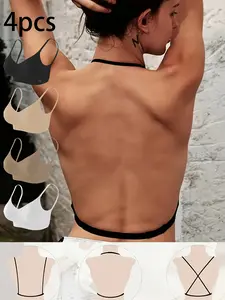 4-piece seamless backless women's bra, Elegant, X-shaped shoulder strap and U-shaped shoulder strap design, detachable padding, high support gathering style, black/white, suitable for daily and special occasions, comfortable underwear, snug fit