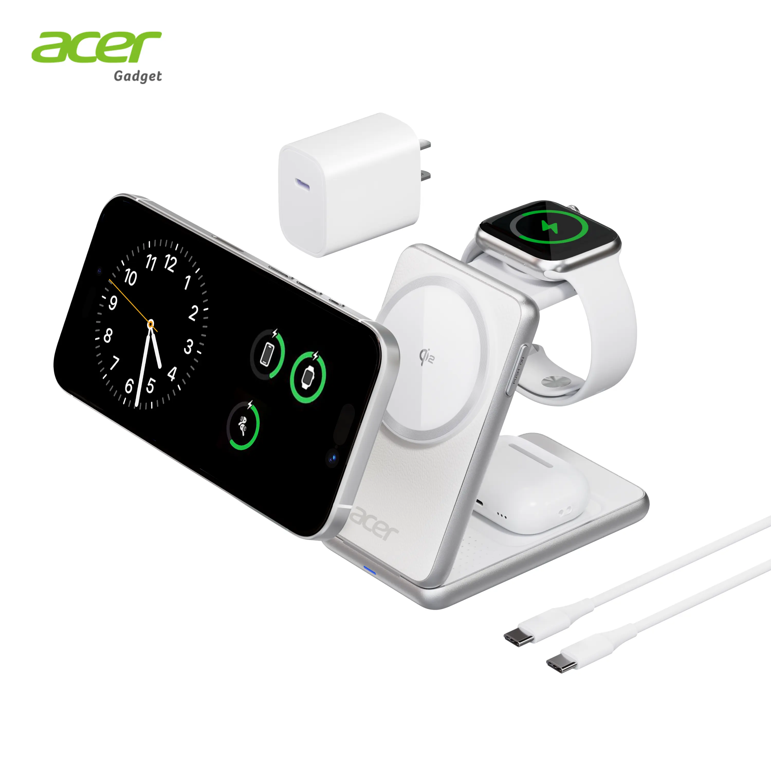Acer 3-in-1 Wireless Magnetic Charger, MagSafe-Compatible Palm-Size Foldable Fast Charger for iPhone 17/16, Apple Watch, AirPods (Non-Battery, Adapter Included) - Mobile Smartphone Charging Station, Back to School Electroplated Magnetic Charging Cellphone