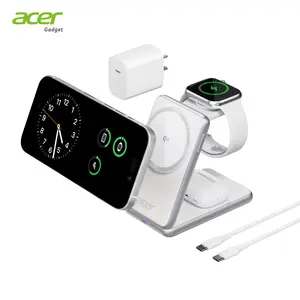 Acer 3 in 1 Wireless Charging Station, MagSafe Charger Stand Compatible, Qi2 15W Certified Palm-Sized Foldable Charger for iPhone 17/16, Apple Watch, AirPods (Non-Battery, Adapter Included)