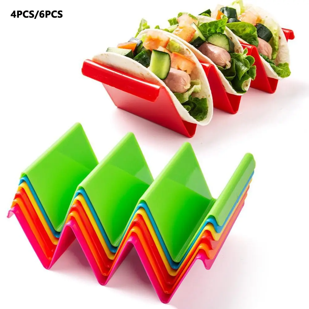 4/6pcs Colorful Taco Holder Stands with Easy-Access Handle, Large Tray Plates Holds Up to 3 or 2 Tacos Each, PP Health Material Hard and Sturdy, Dishwasher & Microwave Safe, Kitchen Tools & Accessories, Durable kitchenware, Kitchen Gadgets