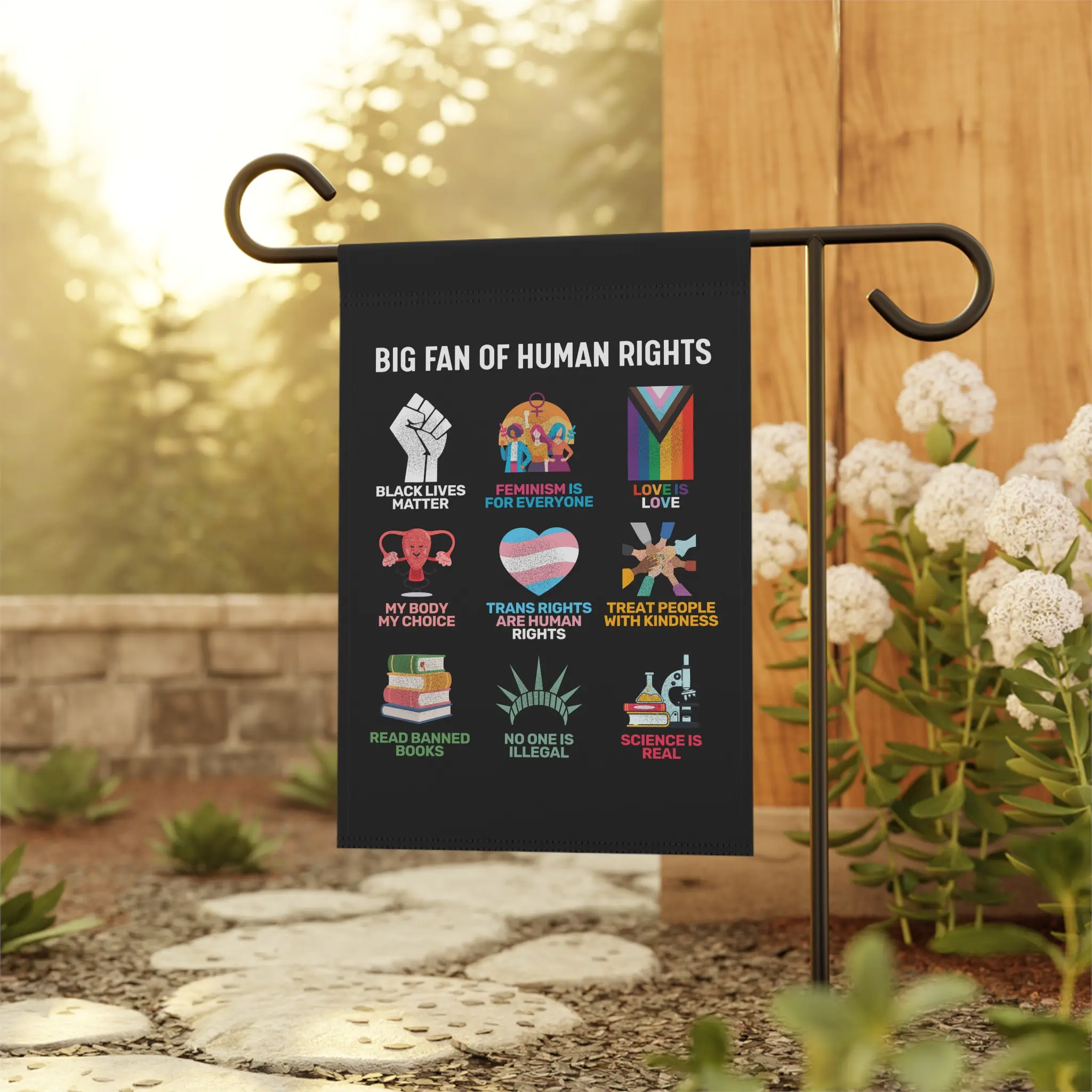 Big Fan of Human Rights Garden & House Banner | 100% Poly Poplin-Canvas, Vibrant Icons, Double-Sided Print, Standard Pole Compatible, 12"x18" & 24.5"x32" Sizes