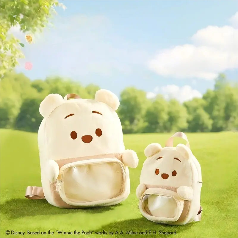 【Back to school】Disney Winnie the Pooh Small Backpack for Kids, Cute Shape Soft Plush Character Bag with a Front Pocket, Children, Cartoon Character, Pooh Face, Daily Use, Character Backpacks, Soft Polyester，Back To School