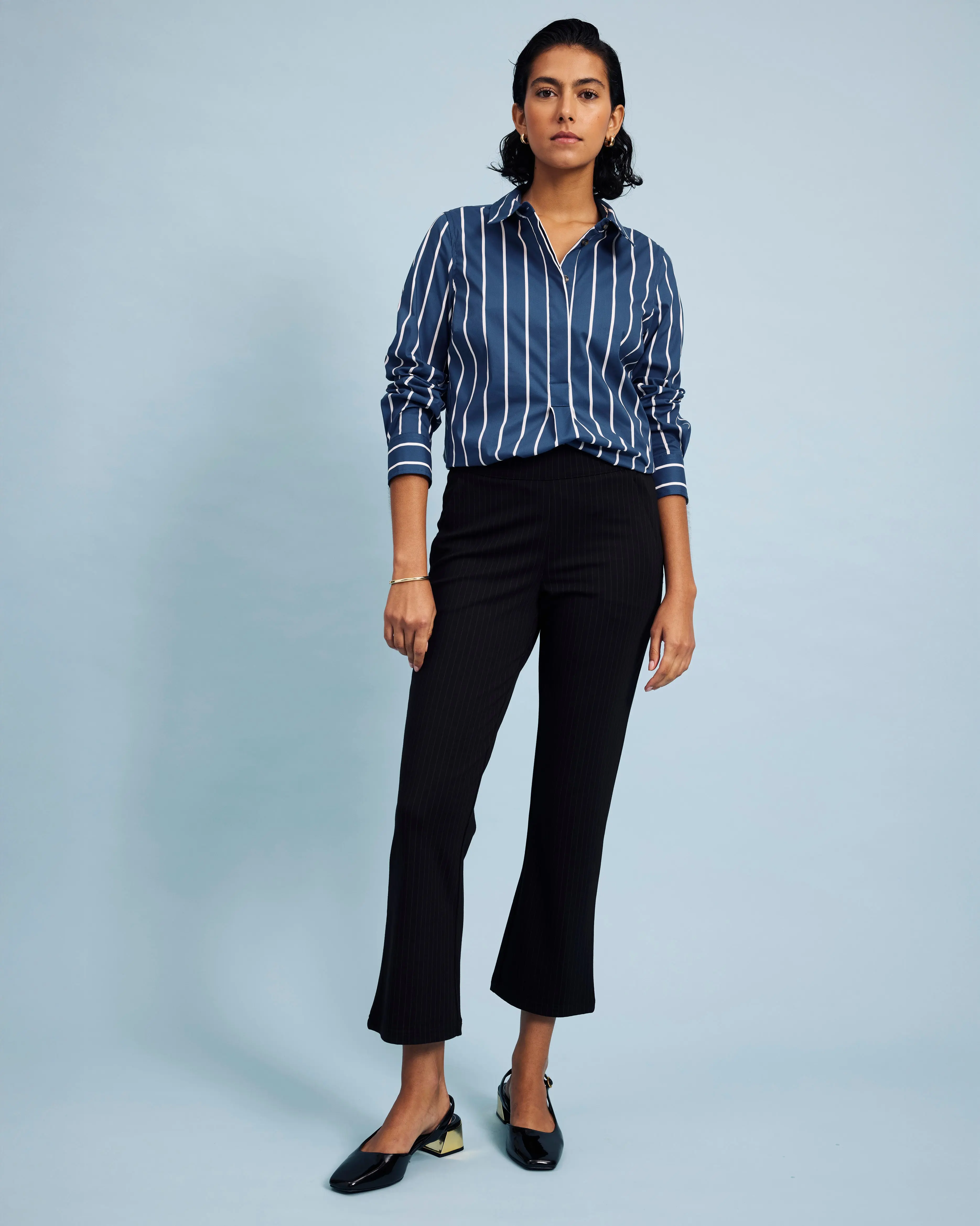 Women's Kick Flare Pants in Slate Pinstripe Ponte Fabric - Cropped Pull-On Style with Elastic Waist & Zipper Pockets, Bottoms, Business Casual Pants, Stretchy Pants