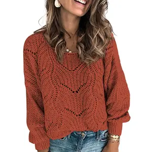 DOKOTOO Women's 2026 Cute Elegant Soft Crewneck Long Sleeve Hollow Cable Knit Pullover Sweaters for Autumn Winter Casual Style