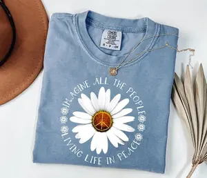 Comfort Colors Imagine Peace T-Shirt, "Imagine All the People Living Life in Peace", Floral Daisy Peace Sign Tee, Hippie Boho Graphic TShirt
