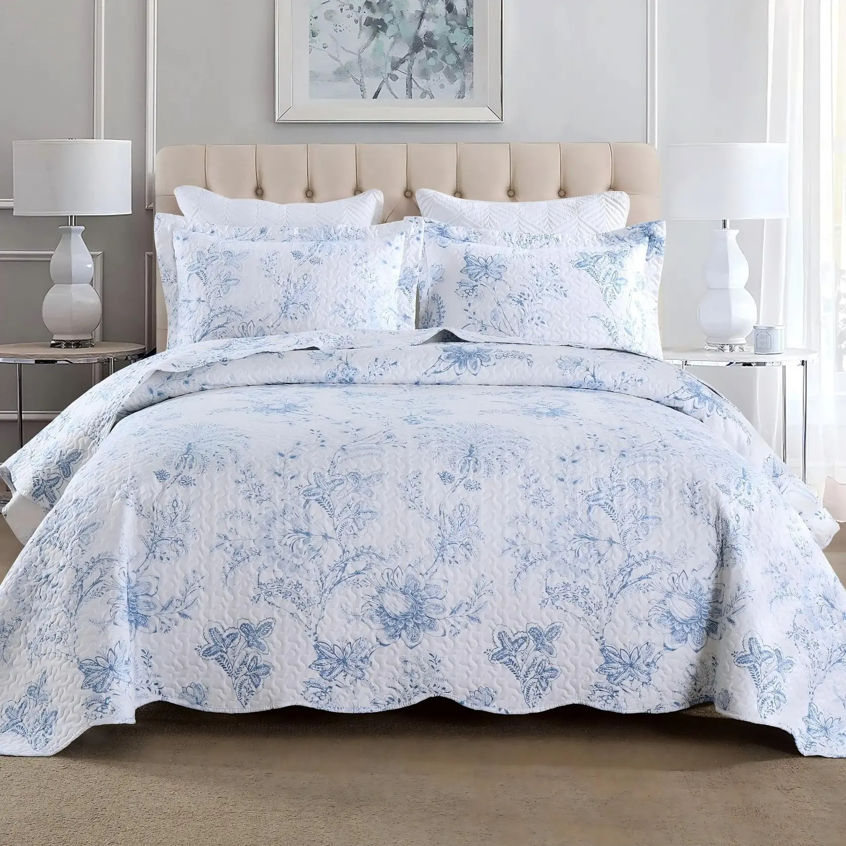 3-Piece Printed Floral Quilt Set in Blue & White Pattern king size quilt set Decorative Bedding Set Soft Bedding Sets Bedsheet Sets