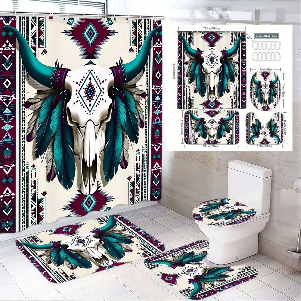 1/4pcs Southwestern Style Shower Curtain Set, Western Shower Curtains for Bathroom, with Bull Skull & Feathers, Tribal Geometric Patterns (Teal Purple White) - Matching Bath Mat, Toilet Lid Cover - Bathroom Decor