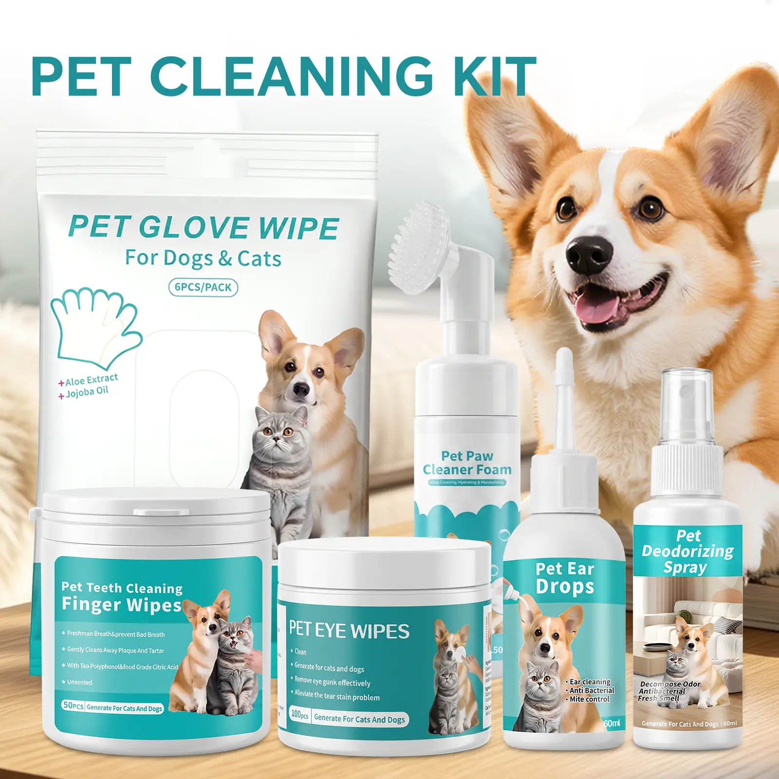 6-in-1 Pet Cleaning & Grooming Kit for Dogs & Cats - Complete Hygiene Care Set Includes No-Rinse Paw Cleaner Foam, Deodorizing Spray, Ear Drops, Eye Tear Stain Wipes, Dental Wipes & Grooming Glove Wipes
