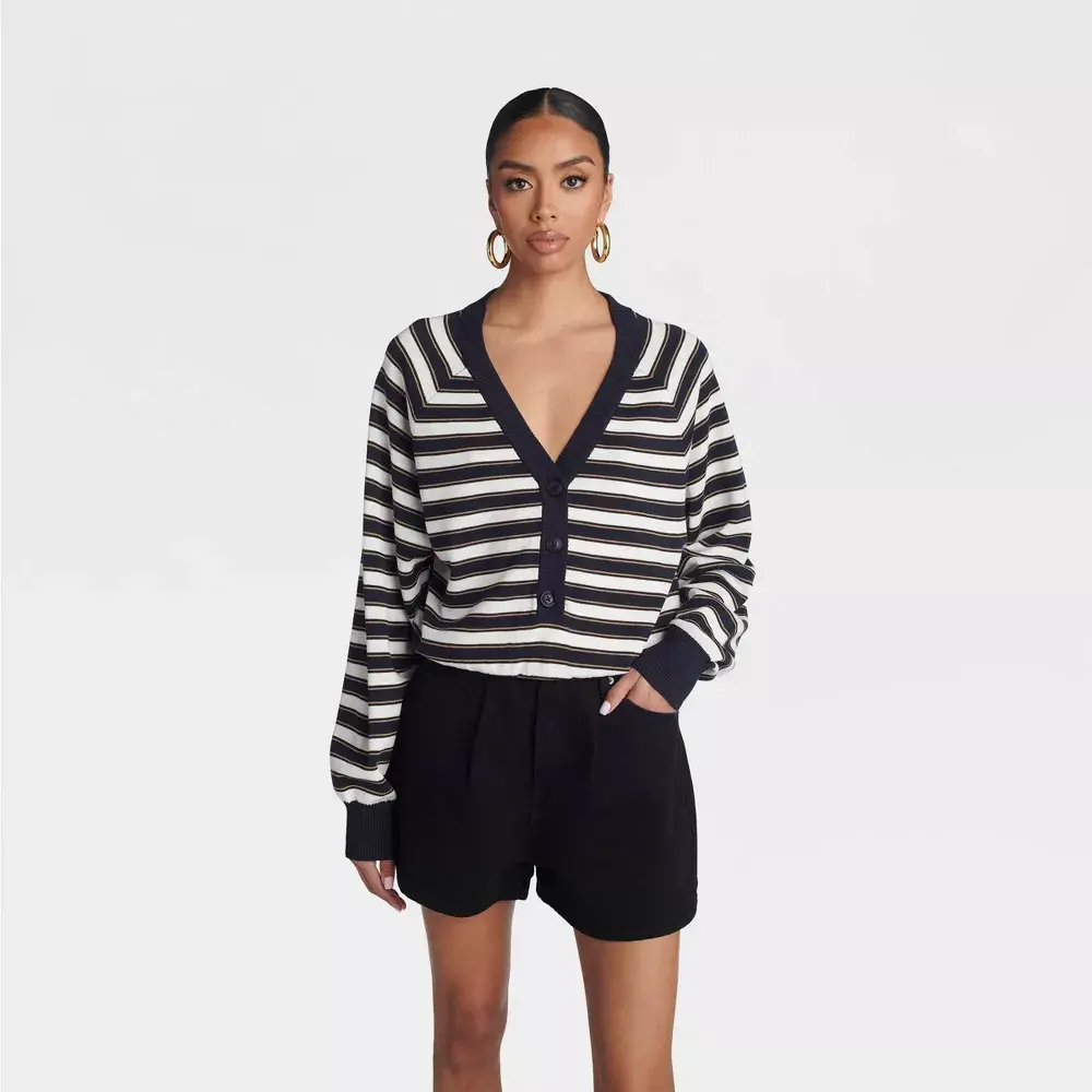KBB by Kahlana Women's Cropped Bubble Knit Sweater - Navy Blue/White Striped