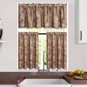 3 Panels Jacquard leaves Kitchen Curtains Set Rod Pocket Design with 2 Tiers 26x36 inch Each and 1 Valance 52x16 inch for Kitchen Bathroom Privacy Drapes and curtains Foldable Colorful Room Divider