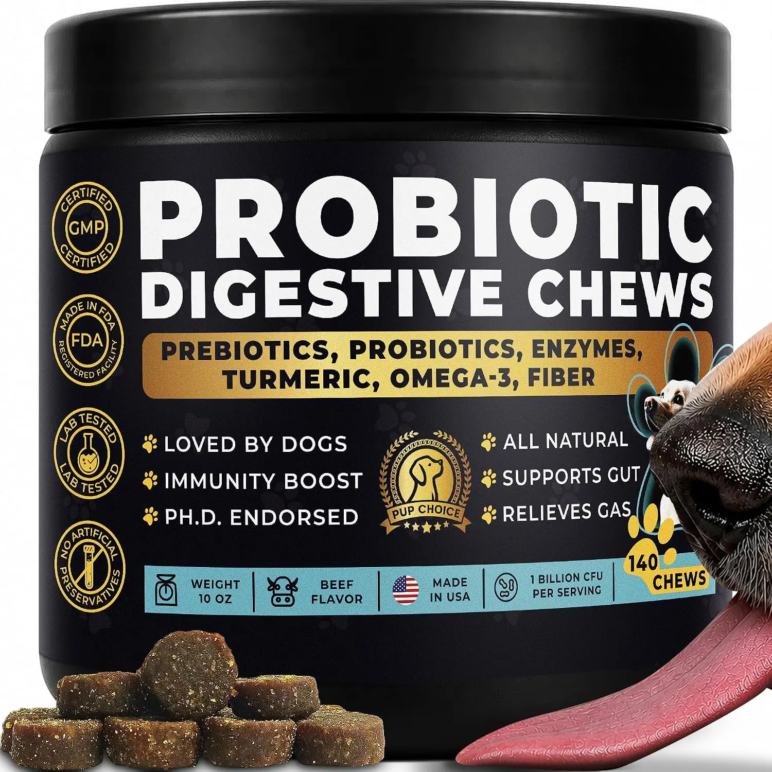 Pup Choice Chewable Dog Probiotics – Digestive Enzymes, Prebiotics, Turmeric, Omega-3 & Fiber, Gut & Skin Support, All Ages, 140 Beef Chews