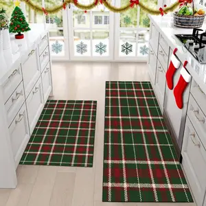 Christmas Kitchen Mat Set, Vintage Scottish Plaid Carpet, Checkered Rug, Home Decor, Non-Slip Soft Comfort Foot Pad, Suitable for Kitchen Bathroom Entryway Living Room Bedroom Bedside Long Rug