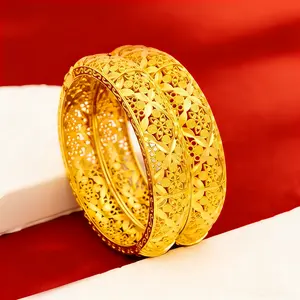 Women's 24K Gold-Plated Filigree Open-Faced Bracelet | Vintage Dubai-Style Openwork Carved Bracelet | Bridal Jewelry | Elegant Openwork Floral Design | Perfect for Weddings, Parties, and Everyday Wear