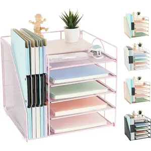Office Desk Organizer, 5-Tier Paper Letter Tray with File Holder Multifunction Office Supplies and Accessories for Office School Home (Pink)
