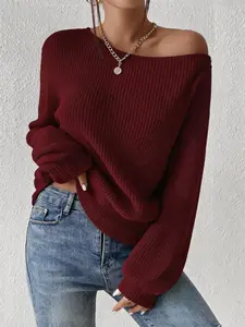 New Unique Off-Shoulder Pullover Sweater with One-Shoulder Neckline Loose Knit Top, Casual and Stylish Women's Fashion for Cold Weather