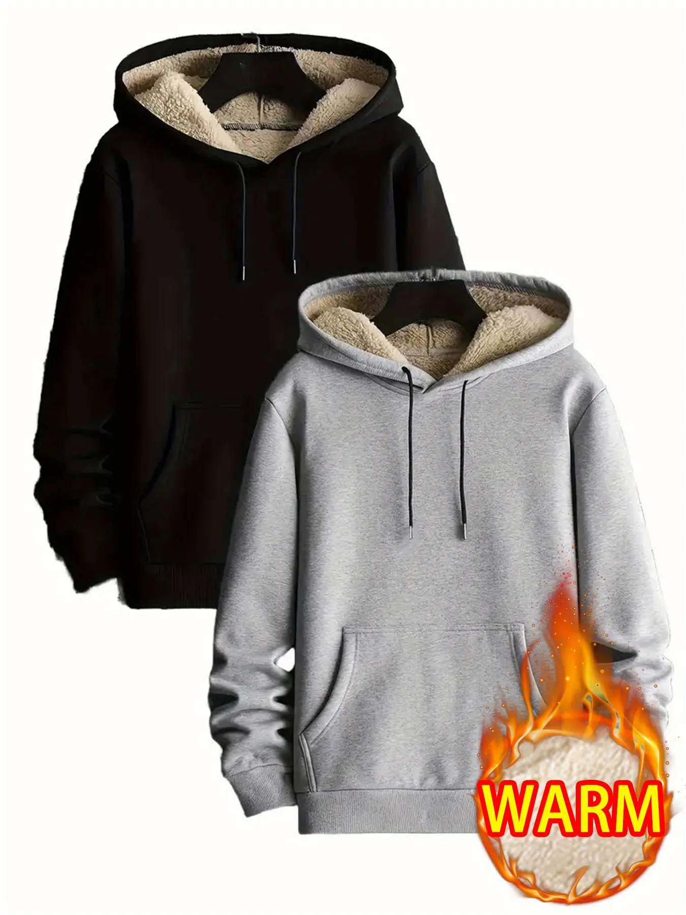 2PCS - Men's Casual Hooded Pullover with Adjustable Drawstring Hem and Ribbed Cuffs, Solid Color Fleece Lined Kangaroo Pocket Design, Suitable for Autumn and Winter
