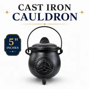 5" Cast Iron Cauldron with Lid and Handle | Ritual Cauldron for Altar, Incense, Charcoal, Herbs, Witchcraft, Wicca, Pagan Decor & Spiritual Use