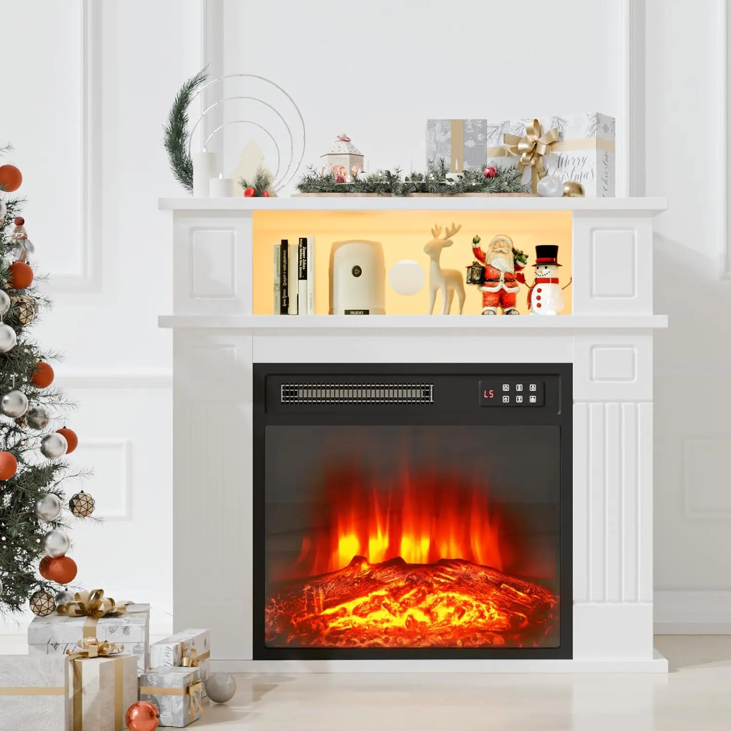 PUKAMI 28" Portable Freestanding Electric Mantel Fireplace - Rustic White, Interior Storage Shelf, Replaceable Insert, Remote Control, Realistic Log & Flame Effect, 750/1500W Heater for Kids’ Bedrooms