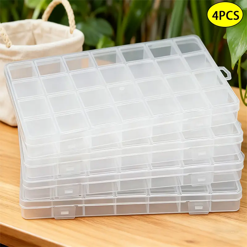 Set of 4 Transparent PP Plastic Storage Boxes with Secure Dividers, 28-Grid Jewelry Organizers with Cover for Artists, DIY Enthusiasts to Sort Buttons, Beads, Small Parts & Save Time, Space
