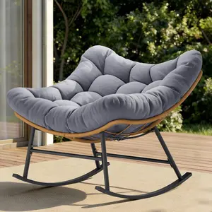 Sikaic Outdoor Rattan Rocking Chair with Thick Cushion Grey Modern Indoor Patio Papasan Rocker, Comfy Wicker Reading Lounge, Indoor Egg Chair for Bedroom, Living Room, Balcony, Porch, Backyard, Garden, Lawn