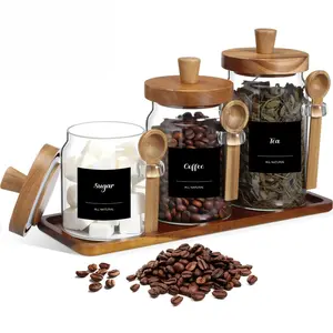 Arthink Glass Coffee Container with Wooden Lid Spoon Shelf Clear Airtight Jar Food Storage Canister Set for Sugar Spice Coffee Bean Holder Housewarming Gift(Without a base)