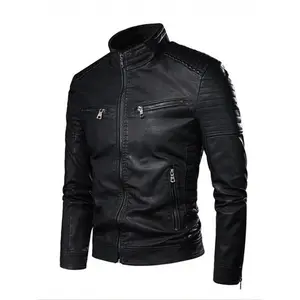 Men's Solid Pocket Zipper Faux Leather Jackets, Regular Fit Casual Long Sleeve Mock Neck Outerwear for Fall & Winter, Vintage Jacket, Men's Clothes for Daily Wear