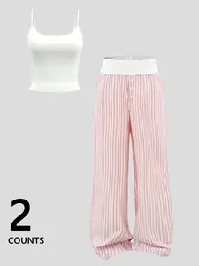 Women's Satin Crop Top & Striped Pajama Pants Set, Sleeveless Bow Detail Two Piece for Sleepwear, Loungewear & Casual Outfit