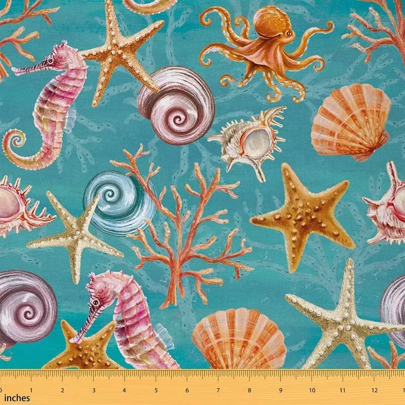 Feelyou Exotic Nautical Waterproof Upholstery Fabric by the Yd - Colored Synthetic Woven Pre-Colored Textile Fabric, Ocean Sea Creatures, Hawaii Sea Shell, Starfish, Seahorse Designs for Furniture Decoration Projects, Colored Synthetic Fabric