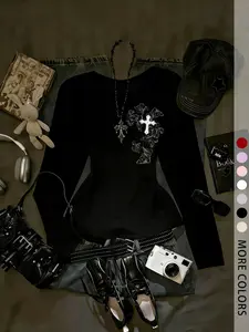 Women's summer gothic metallic print slim-fit long-sleeved top, Womenswear, gothic rock style, slim fit, suitable for everyday casual sportswear/concert attire.