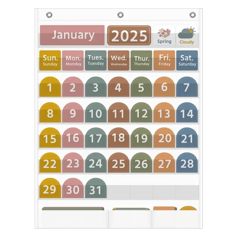 49 Pockets Large Calendar Pocket Chart with Boho 96 Cards for Classroom, Monthly Calendar and Weather Pocket Chart for Students Learning for Home or School
