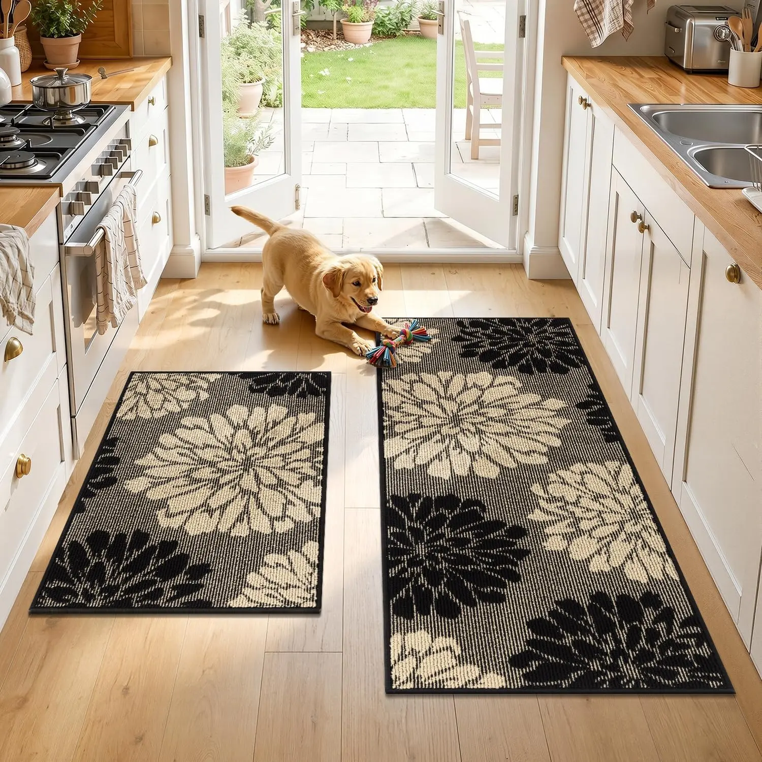 LOKHOM Floral Kitchen Rug Set of 2, Washable,Non Slip Rubber Back Kitchen Runner Mats 24"x36"+24"x60" for Floor, Entryway, Hallway, Sink
