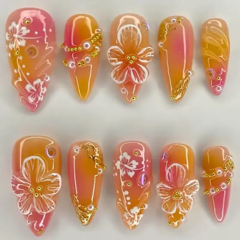 24pcs Golden Hour Hibiscus Press-On Nails for Snack
