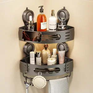 Aluminum Corner Shower Caddy with Suction Cup, No Drilling Corner Shower Shelves for Wall, Large Shower Organizer with Towel Bar & Hooks, Removable Bathroom Storage Rack, 2 Pack Gray