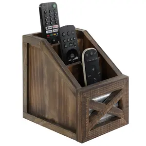 Autumn Alley Barn Door Remote Holder - Space-Saving Desk Organizer with 3 Compartments for Remotes Pencils & Pens - Rustic Weathered Wood & Corrugated Metal Design