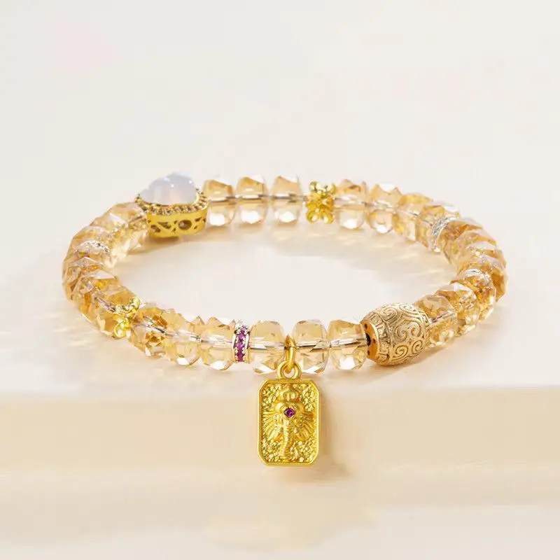 Natural Citrine Beaded Crystal Bracelet - Luxury Shiny Versatile Design 8mm Beads, Taoist-Consecrated Chinese Feng Shui Adult Costume Jewelry for Attracting Wealth, Protection