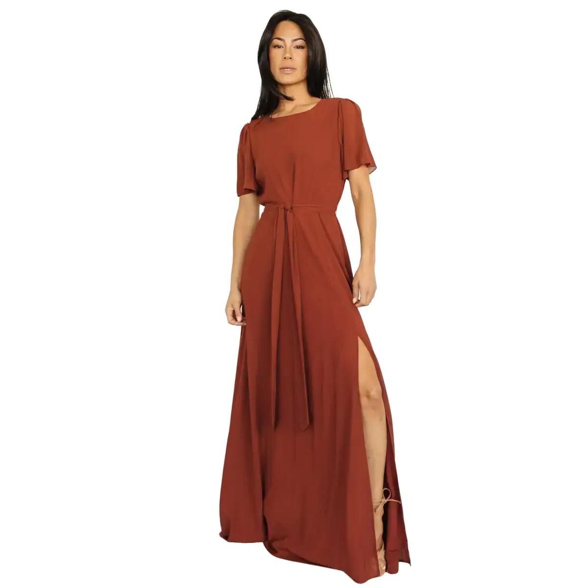 Women's Cinnamon Polyester Chiffon Fabric Short-Sleeve Maxi Dress - Lightweight, Elastic, Button-Accented, Slit Design