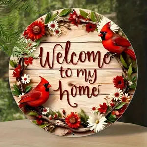 Rustic Welcome to My Home Cardinal Wall Sign - 8x8 Inch Round Metal Decor with Vibrant Red Cardinals & Floral Wreath, Durable Entryway, Porch, and Garden Decoration, Outdoor Decor