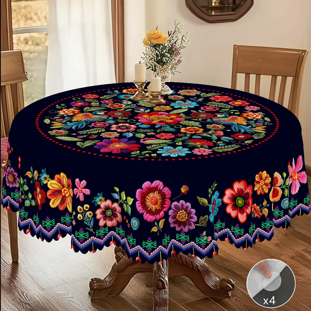 【Back to School】PLUMLIK Vibrant Mexican Floral Tablecloth, Ethnic Style Rectangular Round Table Cloth, Vintage Indoor Outdoor Home Dorm Decor Holiday Gatherings Wedding Birthday Party Decoration Daily Restaurants Kitchen Accessories Día de los Muertos