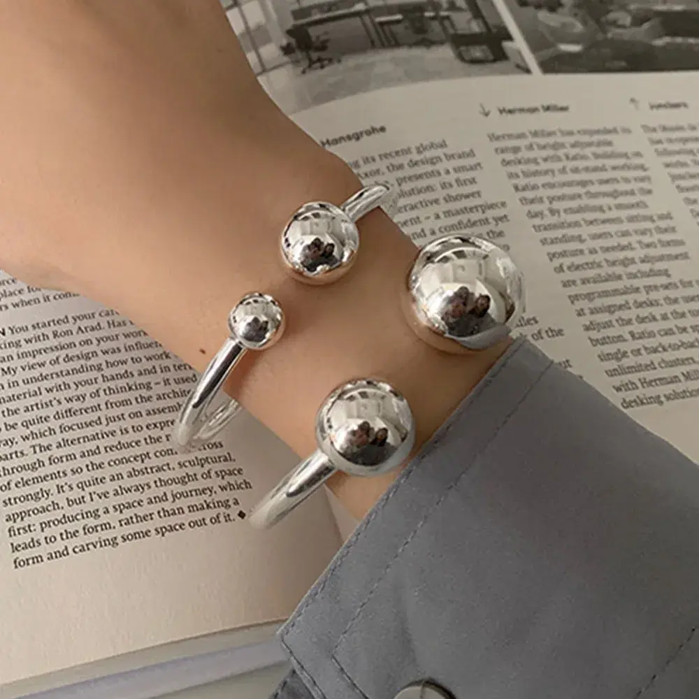 925 Sterling Silver Plain Everyday Women's Bangle, Simple 2-Ball Design, No-Fade Elegant Versatile Fashion Jewelry, Wholesale Girlfriend Gift