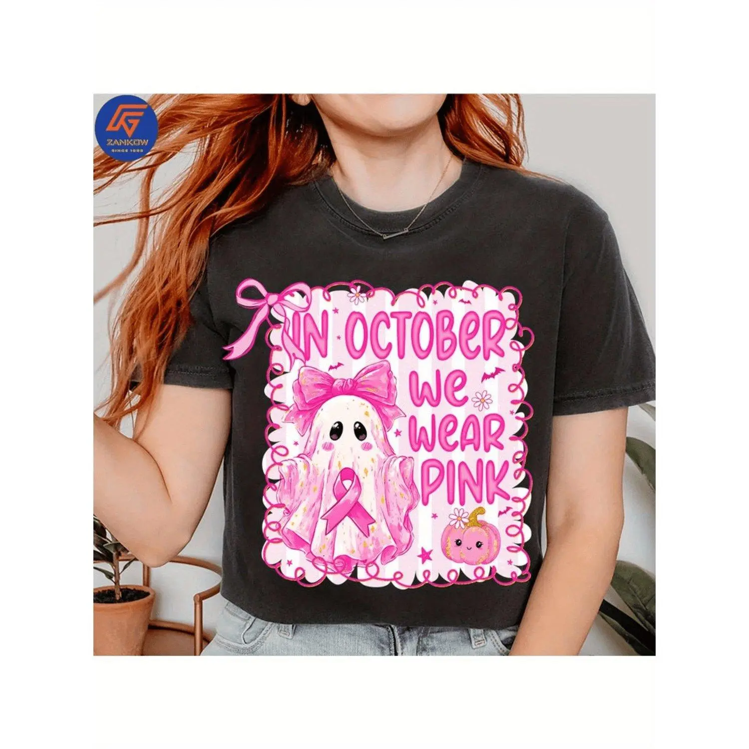 Breast Cancer Shirt Halloween Pink Ghost Shirt In October We Wear Pink Shirt Breast Cancer Awareness Shirt Preppy Pink Ribbon Shirt In October We Wear Pink Breast Cancer Awareness T Shirt