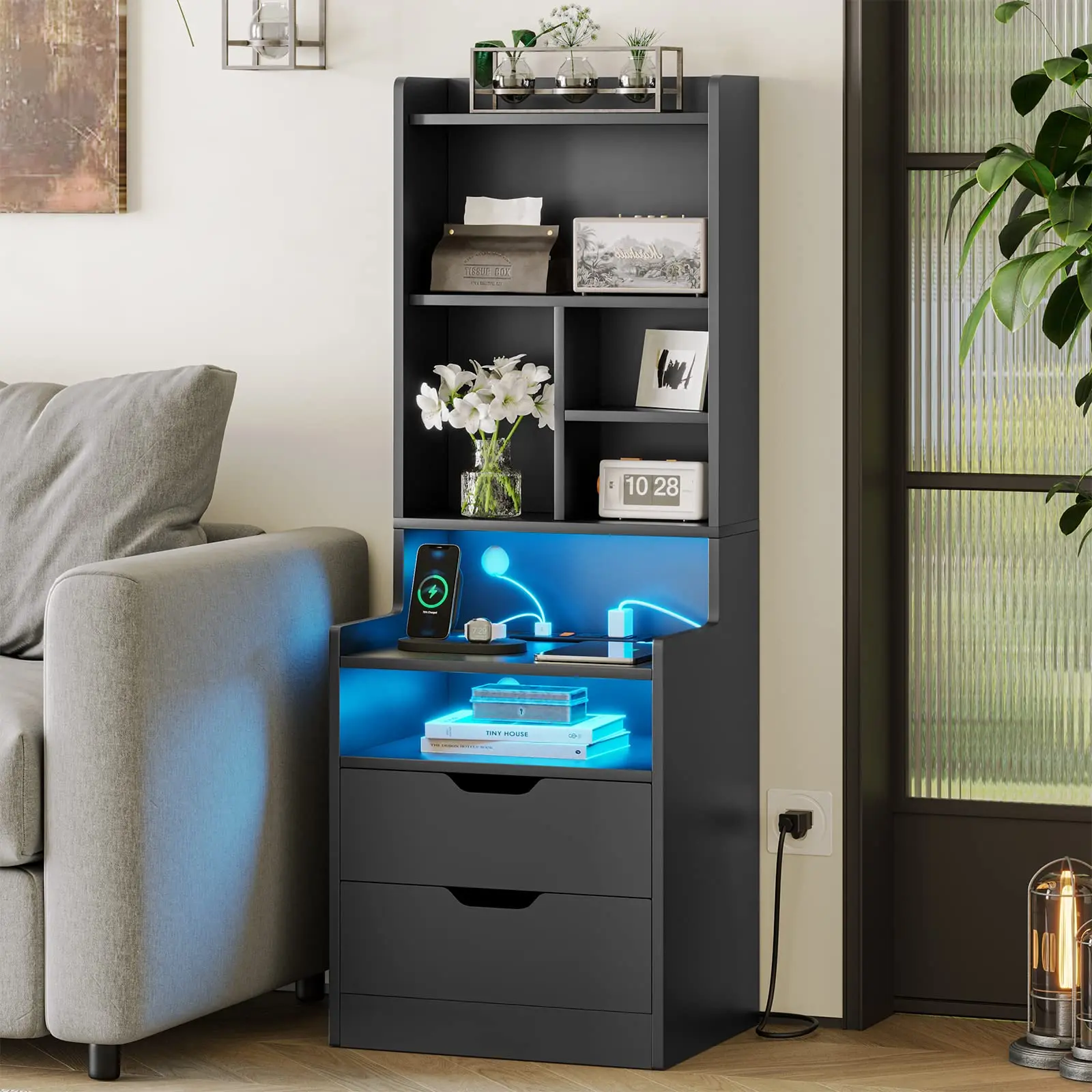 SIKAIC Tall LED Bedside Nightstand with Charging Station - Modern Black Furniture, Bedroom Items with Storage Drawer, 2 Power Outlets, USB Ports, Multi-Layer Bookshelf, Button Switch for Room Decor