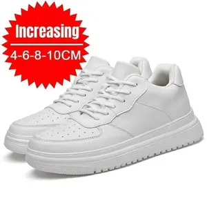 Men's Height Increasing Shoes 10cm Invisible Height Increasing Sneakers White Leather Sneakers Men's Large Size 46