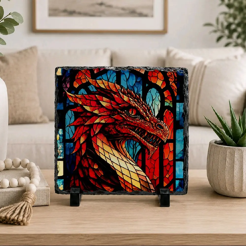 Dragon Stained Glass Photo Slate - Decorative Tabletop Display Piece for Home, Office Accent