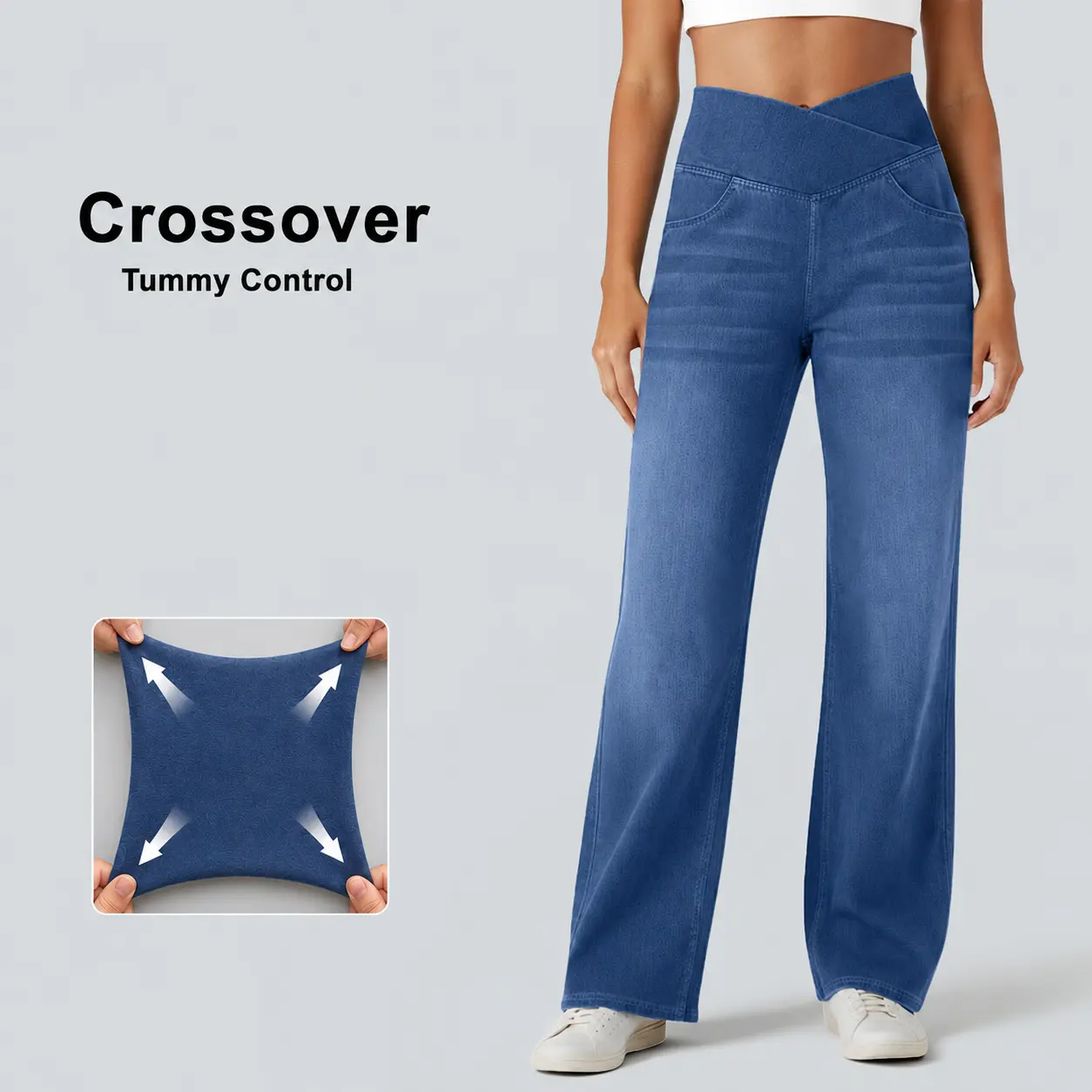 FireSwan Women's Greenish 2026 Crossover High-Waisted Tummy Control Knit Denim Jeans, Casual Straight Wide-Leg Denim Clothes with Pockets for Outdoor Fun #TikTokShopSpringGlowUp,summerwins,back to school shopping