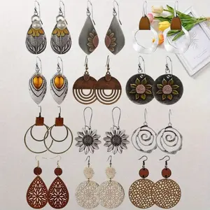 12 Pairs Boho Vintage Geometric Round Earrings, Wooden Leather Earrings Ethnic Style Vintage Sunflower Earrings Christmas Earrings for Women, Great For Birthday, Party, Christmas, Wedding Anniversary tiktokshopspringglowup